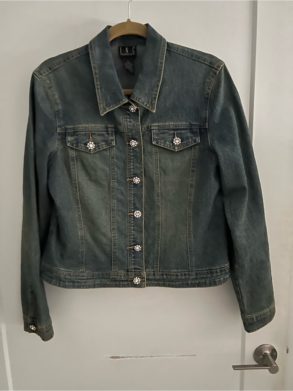 INC International Concepts  Denim Jacket with Rhinestone Buttons